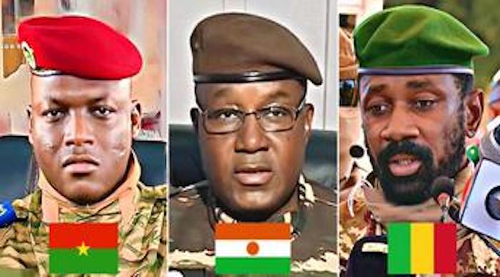 (L-R ) The leader of Burkina Faso, Ibrahim Traoré, Niger’s General Abdourahmane Tchiani and Mali’s military leader Colonel Assimi Goita