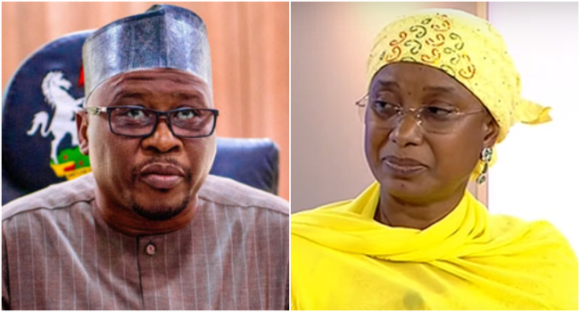A photo combination of Governor Ahmadu Fintiri (L) and Senator Aishatu Dahiru (R) also known as Binani