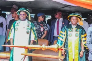 Gov. Yahaya Bello of Kogi (L); and the Rector, Kogi Polytechnic Lokoja, Dr Salisu Ogbo, during the 4th Convocation ceremonies on Saturday in Lokoja