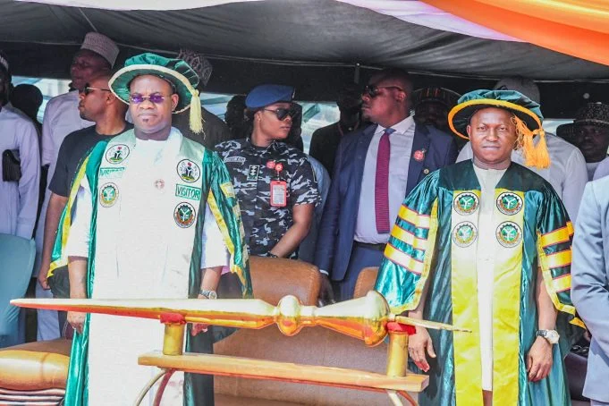 Gov. Yahaya Bello of Kogi (L); and the Rector, Kogi Polytechnic Lokoja, Dr Salisu Ogbo, during the 4th Convocation ceremonies on Saturday in Lokoja
