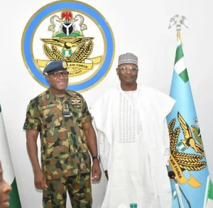 INEC Chairman, Mahmood Yakubu during a courtesy visit to the Chief of Air Staff, CAS Hassan Abubakar in Abuja