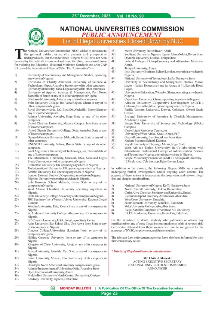 Full list of illegal universities in Nigeria – NUC 2 LEGAL AND ILLEGAL UNIVERSITIES page 0005 725x1024 1