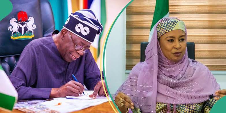 President Bola Tinubu and the suspended NSIPA, Halima Shehu