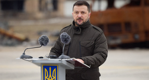 Ukrainian President Volodymyr Zelensky addressing Ukrainian people during a broadcast speech. STR / UKRAINIAN PRESIDENTIAL PRESS SERVICE / AFP