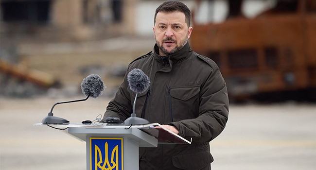 Ukrainian President Volodymyr Zelensky addressing Ukrainian people during a broadcast speech. STR / UKRAINIAN PRESIDENTIAL PRESS SERVICE / AFP