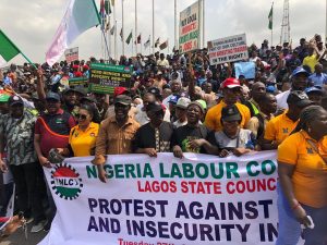 Femi Falana, SAN (middle) on Tuesday joined hundreds of protesters at Lagos Assembly, Alausa