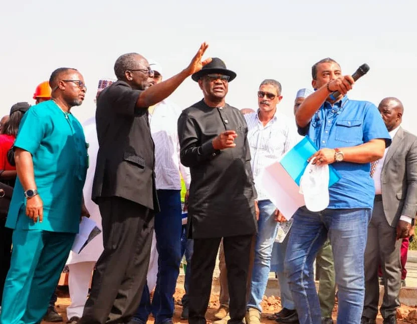 FCT Minister Mr Nyesom Wike 3rd from left during projects inspection tour in Abuja on Tuesday