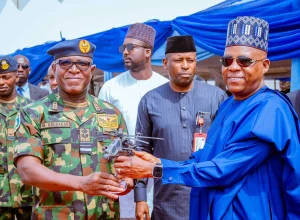 President Bola Tinubu represented by VP Kashim Shettima during the induction of two TK-129 ATAK Helicopters and a King Air 360i Aircraft at Nigeria Air (NAF) Base, Makurdi, in Benue state.