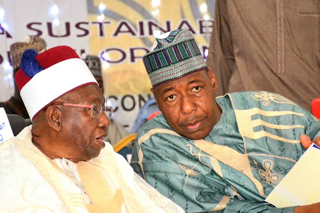Shehu of Borno, His Eminence, Alhaji Abubakar Ibn Umar Garba Al-Amin El Kanemi and Borno State Governor, Babagana Zulum during the 2024 Kanuri Global Summit held in Maiduguri