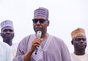 Borno State Governor, Babagana Zulum addressing IDPs in Mafa