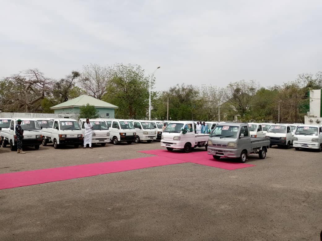 Empowerment: Zulum unveils 110 mini trucks donated by Senator Monguno 2 Mini buses donated by the Senator MT Monguno to his constituents