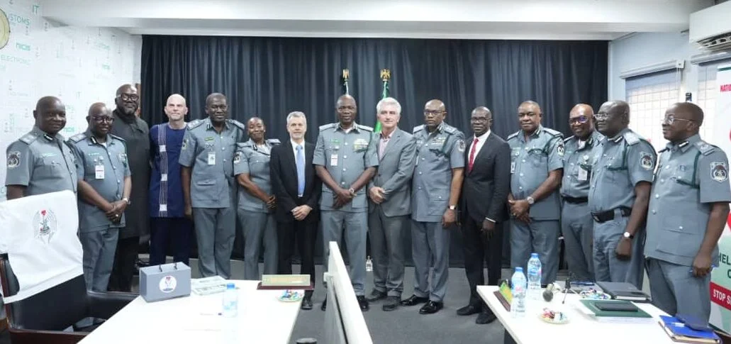 The management of Nigeria Customs Service(NCS) with a delegation from the Directorate-General Taxation and Customs Union (DG TAXUD) of the European Union (EU), during a visit to the Comptroller-General of NCS on Tuesday in Abuja
