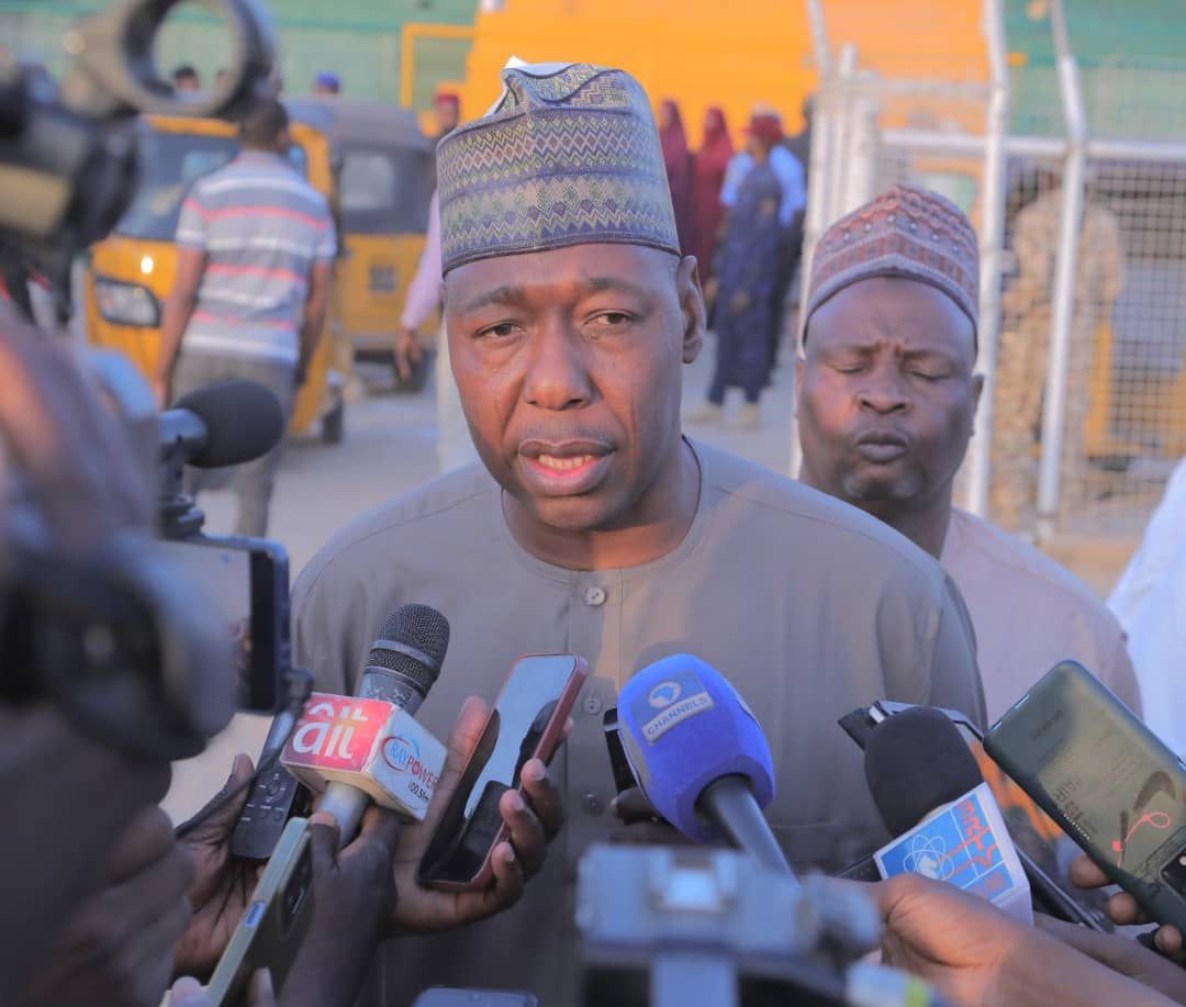 Borno State Governor, Babagana Zulum addressing newsmen in Borno