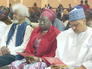 L-R-, Prof. Wole Soyinka Noble Laureate! the Deputy Governor of Ogun, Mrs Noimot Salako-Oyedele,and Minister of Information and National Orientation Alhaji Mohammed Idris at the Punch Nigeria Ltd 50th Anniversary Lecture on Thursday in Lagos.