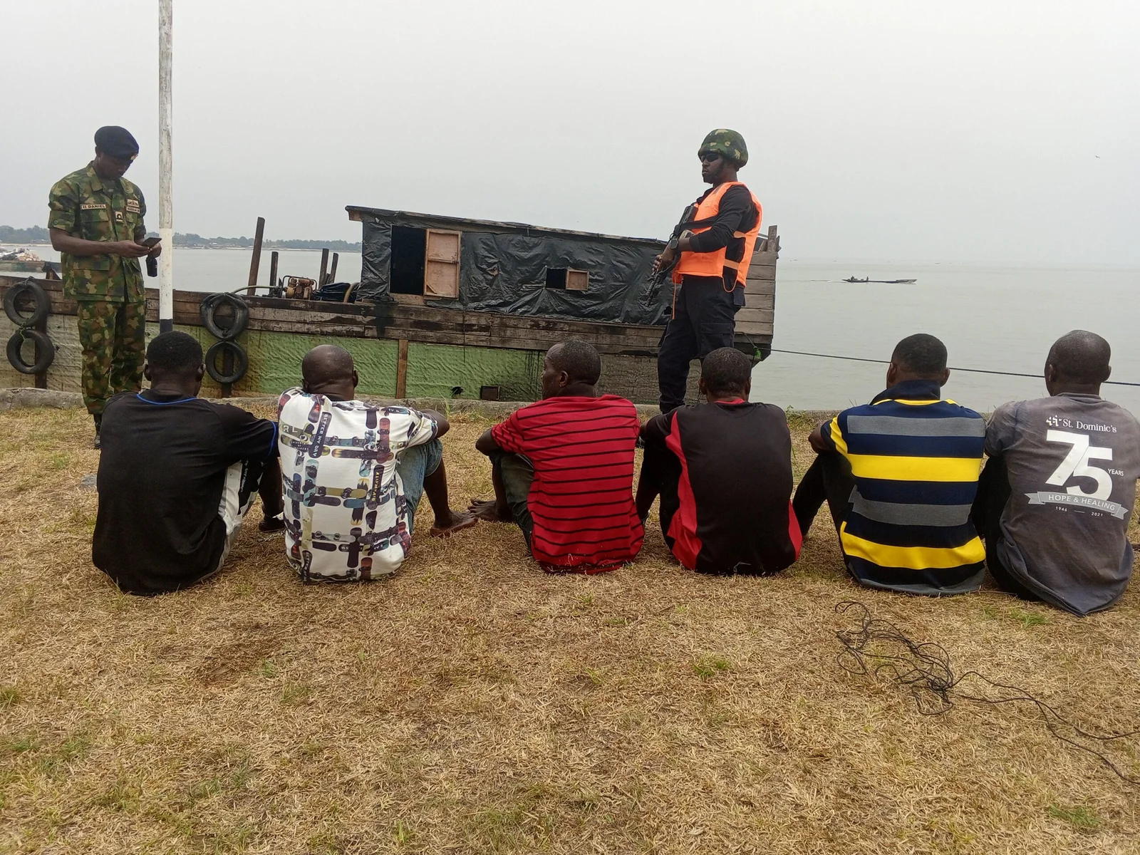 Suspected crude oil thieves arrested by the Nigerian Navy in collaboration with the Cameroonian Navy