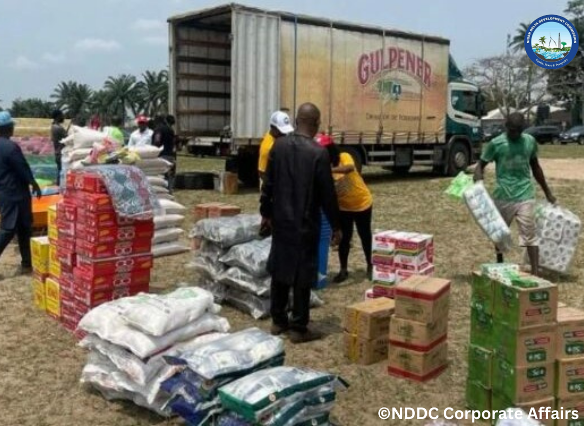 Some of the relief materials distributed by NDDC to residents of Delta State