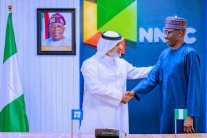 GCEO NNPC Ltd, Mr. Mele Kyari (right) and the Secretary General of the Organisation of the Petroleum Exporting Countries (OPEC), His Excellency Haitham al-Ghais, during a courtesy visit to the NNPC Towers, Abuja... Wednesday.