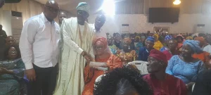 L-R: Executive Director, Finance and Investment, LASPEC, Mr Olumuyiwa Oshin, Chairman, House Committee on Establishments and Training, Hon.Oladele Ajayi, Mr Babalola Obilana, Director-General, LASPEC presenting bond certificate to a retiree at the 104th Retirement Bond Certificates Presentation Ceremony organised by LASPEC on Thursday in Lagos.