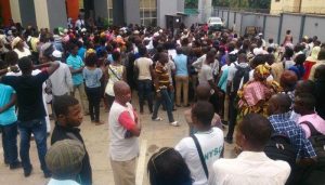 Large crowd at a commercial bank