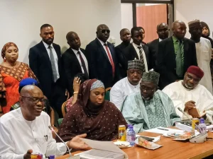FCT Minister, Nyesom Wike and FCT Minister of State, Mariya Mahmoud, on Monday appeared before the Senate and House Committees on FCT, to defend the proposed statutory budget, in Abuja.