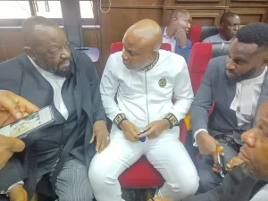 IPOB Leader, Nnamdi Kanu, and his lawyers in court in one of the proceedings at Federal High Court in Abuja