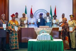 President Tinubu [in black attire] in the middle during the launch of EEL handbook at the State House in Abuja on Tuesday, February 27, 2024.