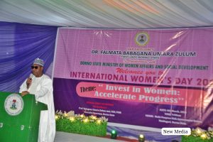 Borno State Governor, Babagana Zulum giving his remarks during the event to mark International Women's Day