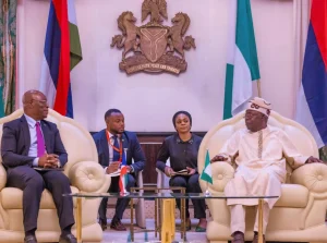President Bola Tinubu and the Special Envoy of the President of Equatorial Guinea, Teodoro Mbasogo, at the State House, Abuja.