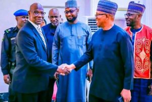 Governor Sule of Nasarawa in a handshake with Peter Obi, at Government House, Lafia