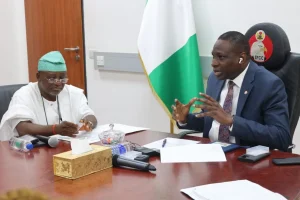 Chief Biodun Ajiboye, Executive Secretary, National Institute for Cultural Orientation (NICO), with Mr Ola Olukoyede, Executive Chairman of EFCC
