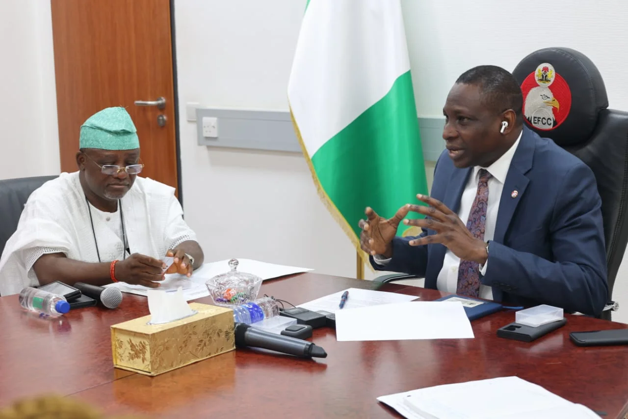 Chief Biodun Ajiboye, Executive Secretary, National Institute for Cultural Orientation (NICO), with Mr Ola Olukoyede, Executive Chairman of EFCC