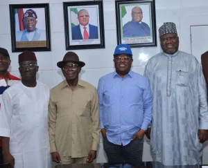 L-R, Gubernatorial Candidate Of APC Edo State, Sen. Monday Okpebholo, Senator representing Edo North, Sen. Adams Oshomole, Minister Of Works David Umahi , Permanent Secretary Ministry Of Works Yakubu Kofarmata during the meeting with the Contractors handling Lokoja-Benin Road