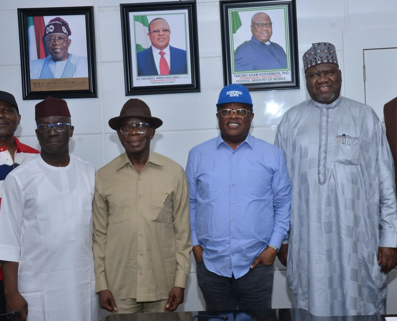 L-R, Gubernatorial Candidate Of APC Edo State, Sen. Monday Okpebholo, Senator representing Edo North, Sen. Adams Oshomole, Minister Of Works David Umahi , Permanent Secretary Ministry Of Works Yakubu Kofarmata during the meeting with the Contractors handling Lokoja-Benin Road