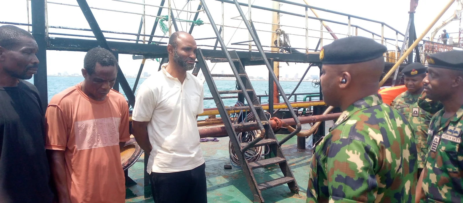 The FOC questioning the captain of the suspected crude oil theft.