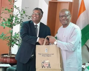 FCT Minister Nyesom Wike and Indian High Commissioner to Nigeria, Mr Shri Balasubramanian, during a courtesy visit in Abuja.