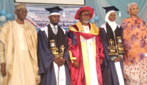 The two best graduating students and the DVC Acadmic, Prof. Sani Kunya; the Registrar of the Council, Dr. Fatima Kyari and representative of the Coordinating Minister of Health and Social Welfare