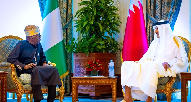 President Bola Ahmed Tinubu, and His Highness, Sheikh Tamim bin Hamad Al Thani, Emir of the State of Qatar