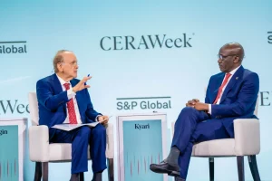 GCEO, NNPC Ltd, Mr Mele Kyari speaks to CERAWeek Co-Founder and Vice Chairman of S&P Global, Daniel Yergin, during a Leadership Dialogue Plenary Session at the ongoing CERAWeek Conference in Houston, US., on Tuesday