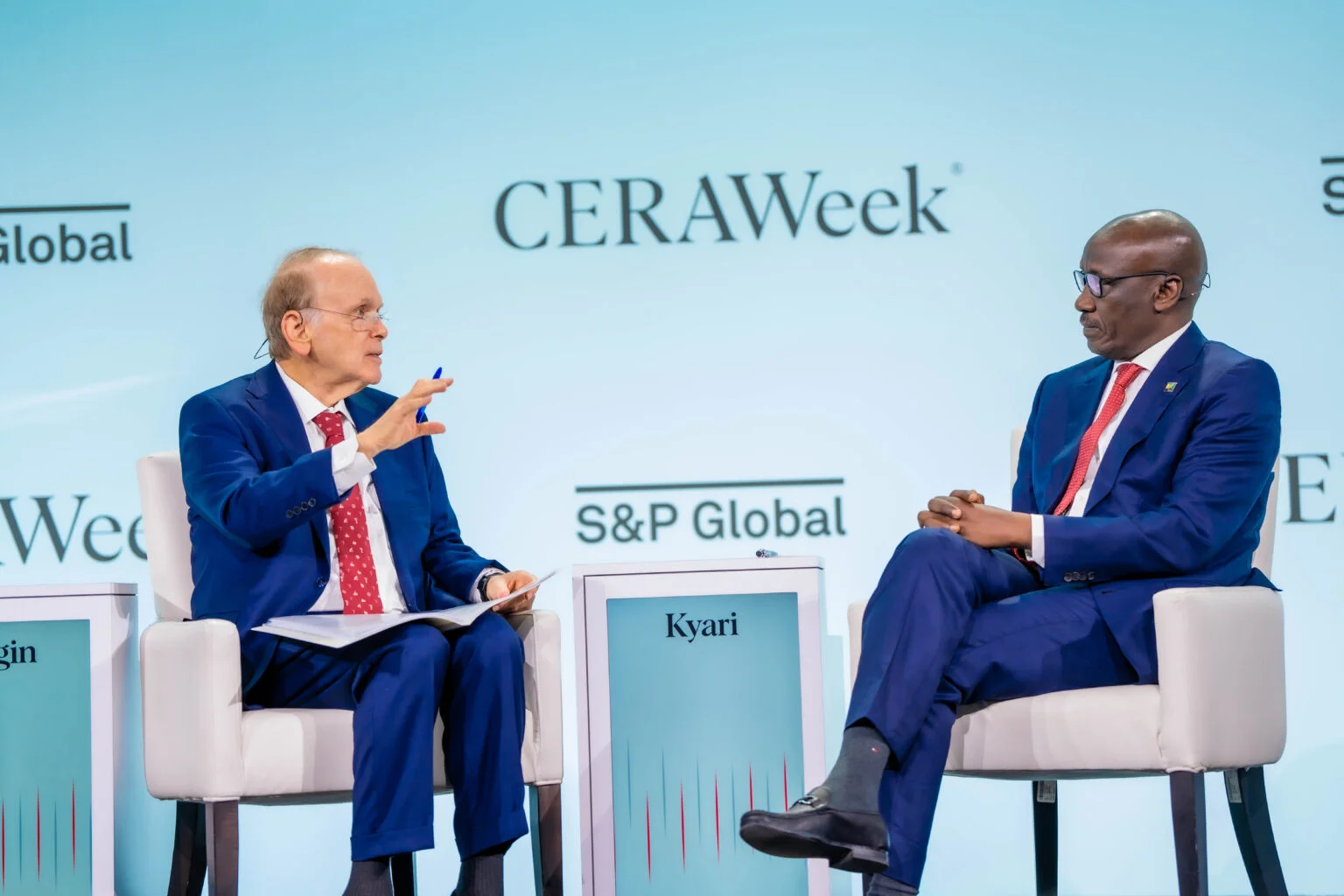 GCEO, NNPC Ltd, Mr Mele Kyari speaks to CERAWeek Co-Founder and Vice Chairman of S&P Global, Daniel Yergin, during a Leadership Dialogue Plenary Session at the ongoing CERAWeek Conference in Houston, US., on Tuesday