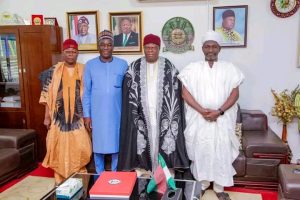 Senator Diket Plang during a courtesy visit to the Gbong Gwom Jos, Da Gyang Buba.