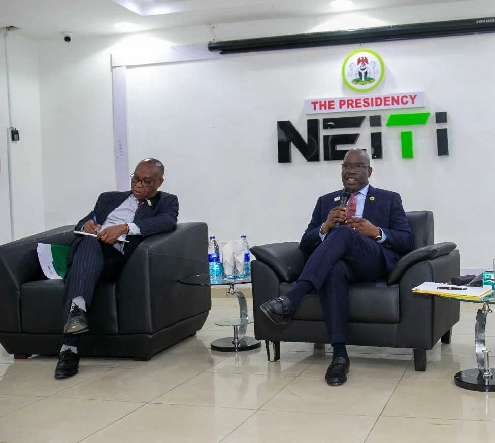 (L-R) Dr Orji Ogbonnaya Orji, Executive Secretary, Nigeria Extractive Industries Transparency Initiative (NEITI) and the Commission Chief Executive (CCE), (NUPRC), Mr Gbenga Komolafe at the maiden edition of NEITI House Policy Dialogue