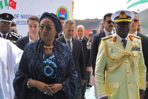 First Lady Oluremi Tinubu and the Chief of the Naval Staff (CNS) Vice Admiral Emmanuel Ikechukwu Ogalla, during the launch of the second 76meter High Endurance (HE) Offshore Patrol Vessel (OPV) built for the Nigerian Navy (NN) in DEARSAN Shipyard Turkey