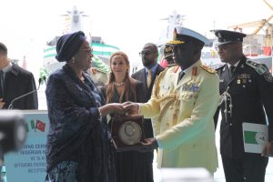 First Lady Oluremi Tinubu and the Chief of the Naval Staff (CNS) Vice Admiral Emmanuel Ikechukwu Ogalla, during the launch of the second 76meter High Endurance (HE) Offshore Patrol Vessel (OPV) built for the Nigerian Navy (NN) in DEARSAN Shipyard Turkey