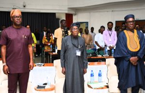 From left, Oyo State Governor, Seyi Makinde; Former President, Chief Olusegun Obasanjo and Director General, International Institute of Tropical and Agriculture (IITA),Dr Simeon Ehui, during the Agribusiness for Food Security Initiative Summit, held at IITA Conference Centre, Ibadan. PHOTO: Oyo Gov's Media Unit.
