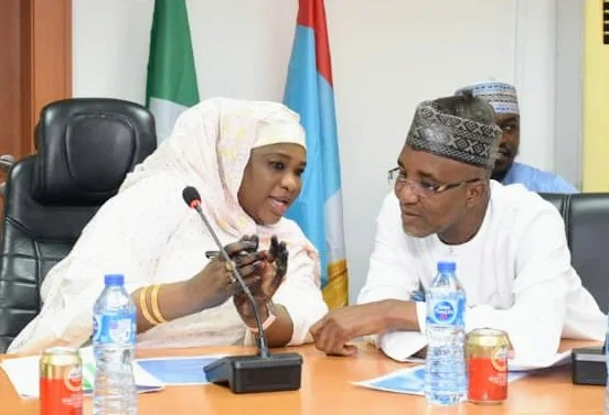 FCT Minister of State, Dr. Mariya Mahmoud with APC FCT chairman in Abuja on Wednesday.