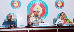 ECOWAS Commissioner, Human Development and Social Affairs, Prof. Fatou Sarr, (middle) flanked by two other officials of the Commission during the news conference at the ECOWAS headquarters on Thursday in Abuja.