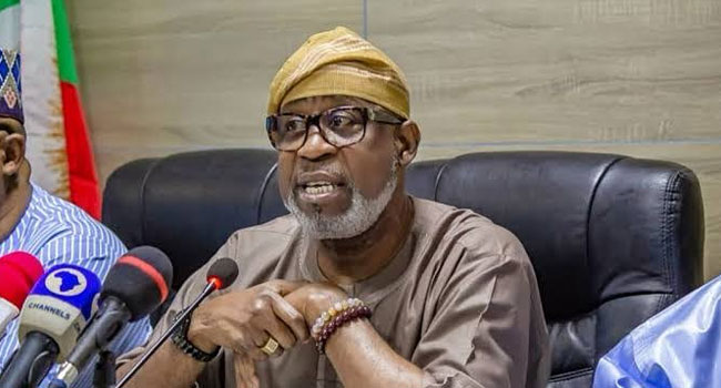 The Minister of Solid Minerals Development, Dr Dele Alake , briefing newsmen in Abuja