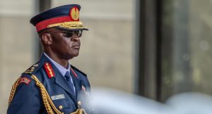 Chief of Kenya Defence Forces General Francis Ogolla look on while inspecting a guard of honour by members of the Kenya Defence Forces (KDF) during his official state visit to State House in Nairobi, on February 28, 2024. (Photo by LUIS TATO / AFP)