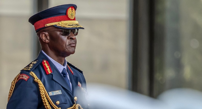 Chief of Kenya Defence Forces General Francis Ogolla look on while inspecting a guard of honour by members of the Kenya Defence Forces (KDF) during his official state visit to State House in Nairobi, on February 28, 2024. (Photo by LUIS TATO / AFP)
