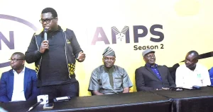 From L-R: Founder, Making of Champions, Mr Bambo Akanni; General Manager, Segment and Devices, MTN, Mr Idowu Adesokan; Commissioner for Education Science and Technology Prof. Salihu Adelabu; Nigeria Schools Federation representatives, Oba Dairo Jacob Oludayo, Director, School Sports Ministry of Education Oyo State, Mr Sunday Akinosun; at news conference of Season 2 of MTN Champs in Ibadan on Thursday.